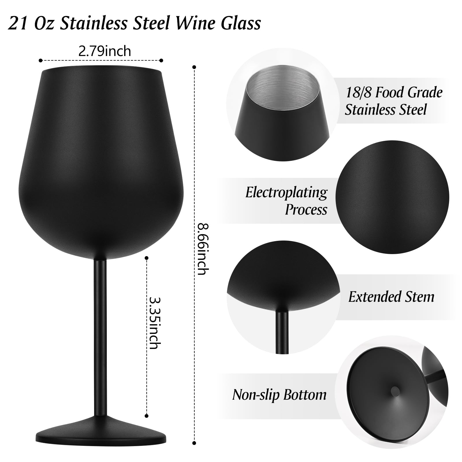 LiqCool Stainless Steel Wine Glass, Unbreakable Metal Wine Glasses Set of 4, Portable Stainless Wine Glasses for Valentines Day Party Outdoor Pool Christams, 21 Oz Large Wine Glass with Stem(Black)