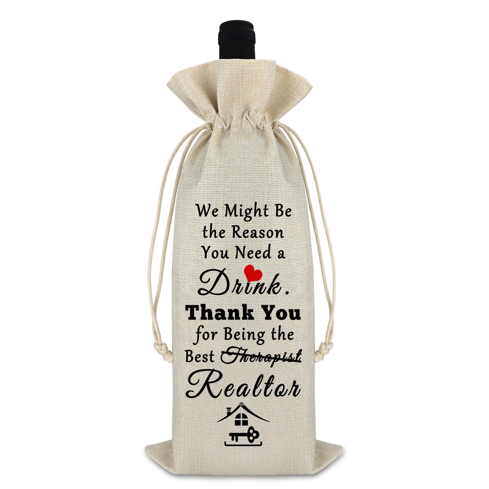 Realtor Wine Bag Thank You Gift for Realtor Housewarming New Homeowner Gift Ideas Burlap Drawstring Wine Wrap Bag Appreciate Gift for Therapist Realtor Real Estate Agent Gifts Reusable Wine Bottle Bag