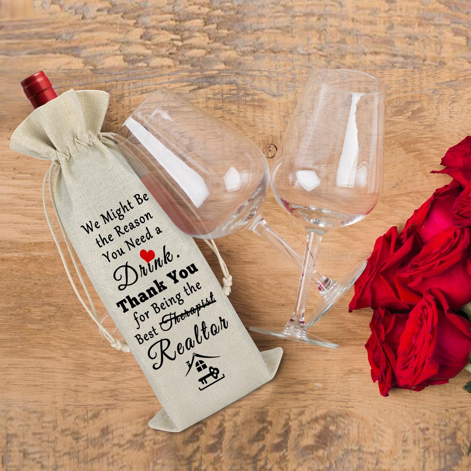 Realtor Wine Bag Thank You Gift for Realtor Housewarming New Homeowner Gift Ideas Burlap Drawstring Wine Wrap Bag Appreciate Gift for Therapist Realtor Real Estate Agent Gifts Reusable Wine Bottle Bag