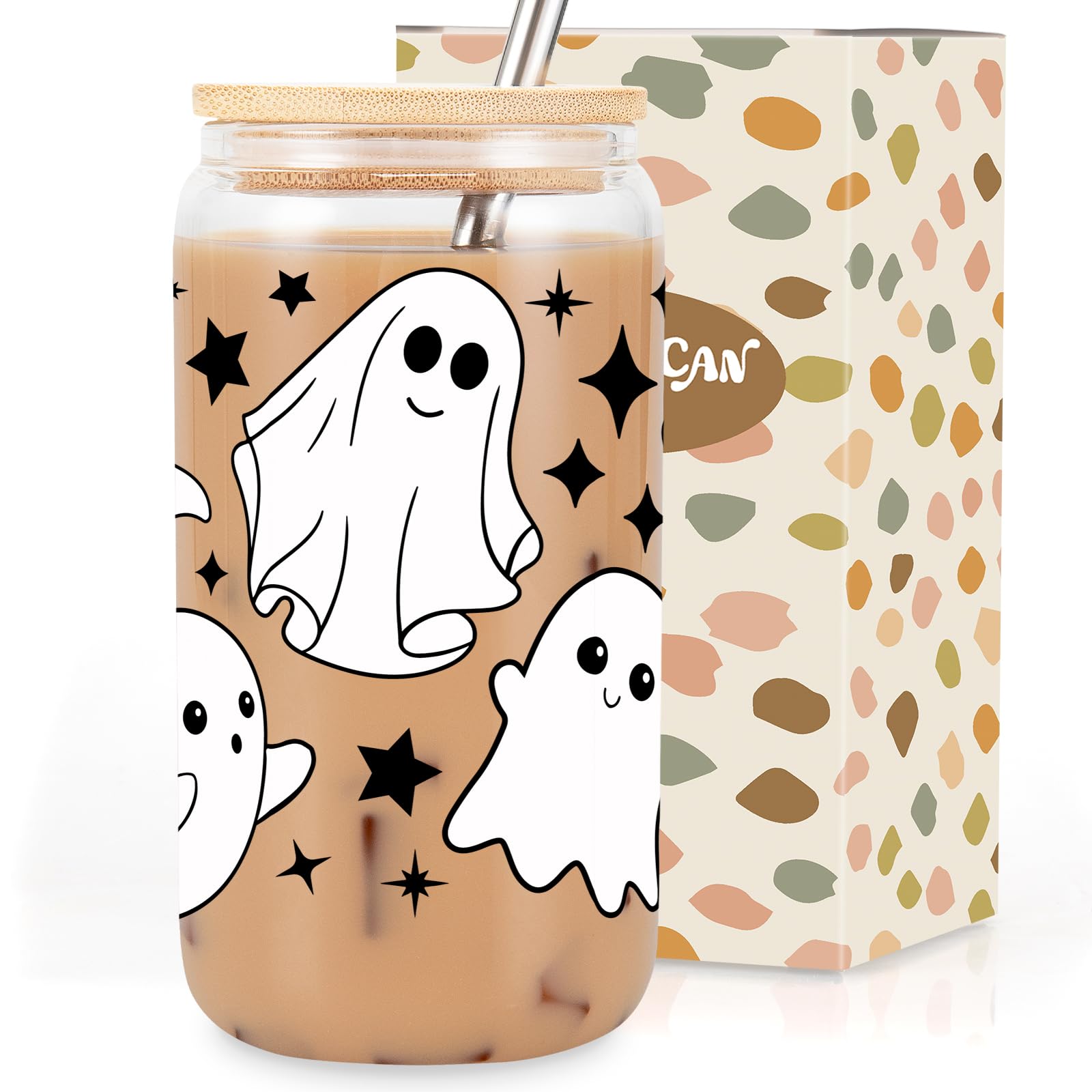 Coolife Ghost Halloween Cup, 16 oz Tumbler Glass Cups w/Lids Straws - Spooky Iced Coffee Cup, Smoothie Cup, Cute Halloween Gifts for Women, Girls, Spooky Gifts for Teens, Boys, Her