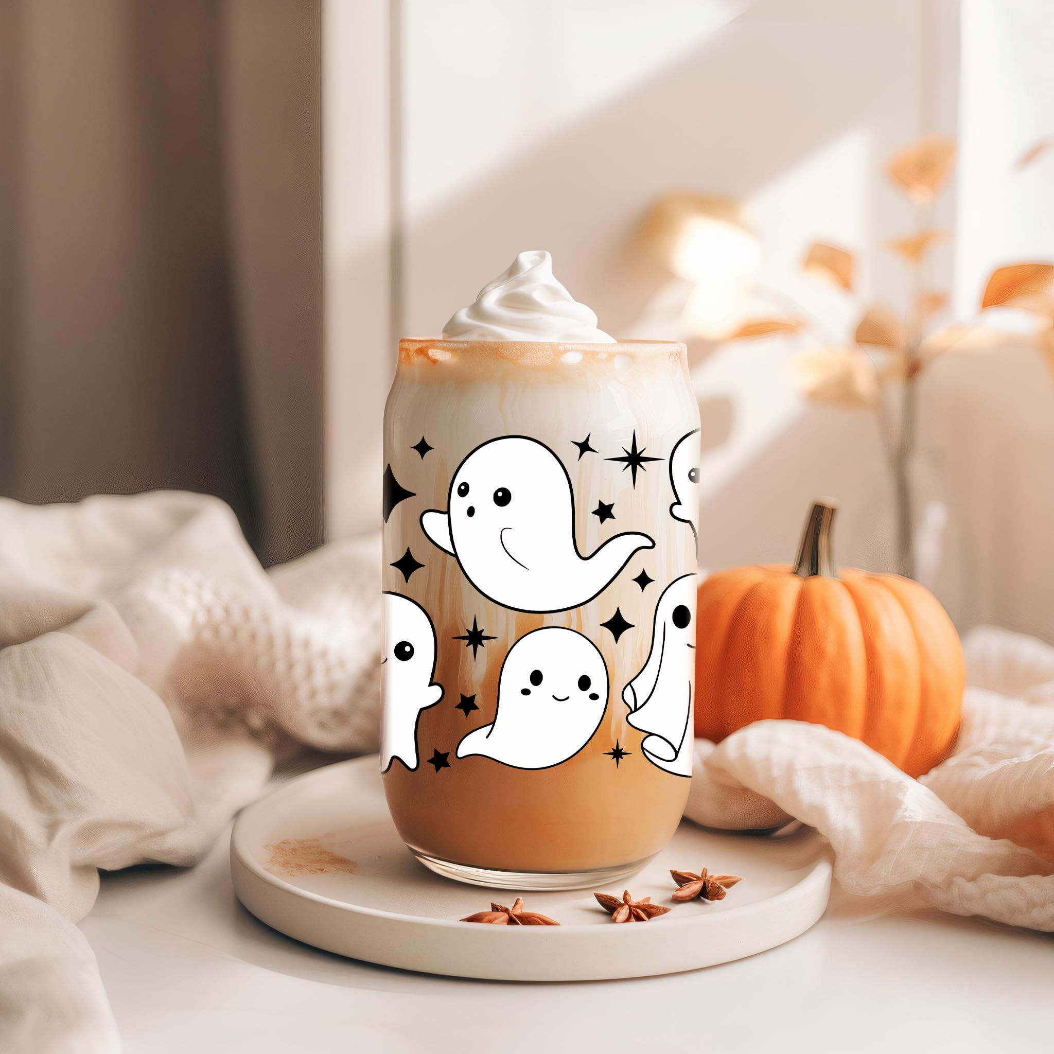 Coolife Ghost Halloween Cup, 16 oz Tumbler Glass Cups w/Lids Straws - Spooky Iced Coffee Cup, Smoothie Cup, Cute Halloween Gifts for Women, Girls, Spooky Gifts for Teens, Boys, Her