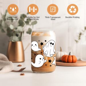 Coolife Ghost Halloween Cup, 16 oz Tumbler Glass Cups w/Lids Straws - Spooky Iced Coffee Cup, Smoothie Cup, Cute Halloween Gifts for Women, Girls, Spooky Gifts for Teens, Boys, Her