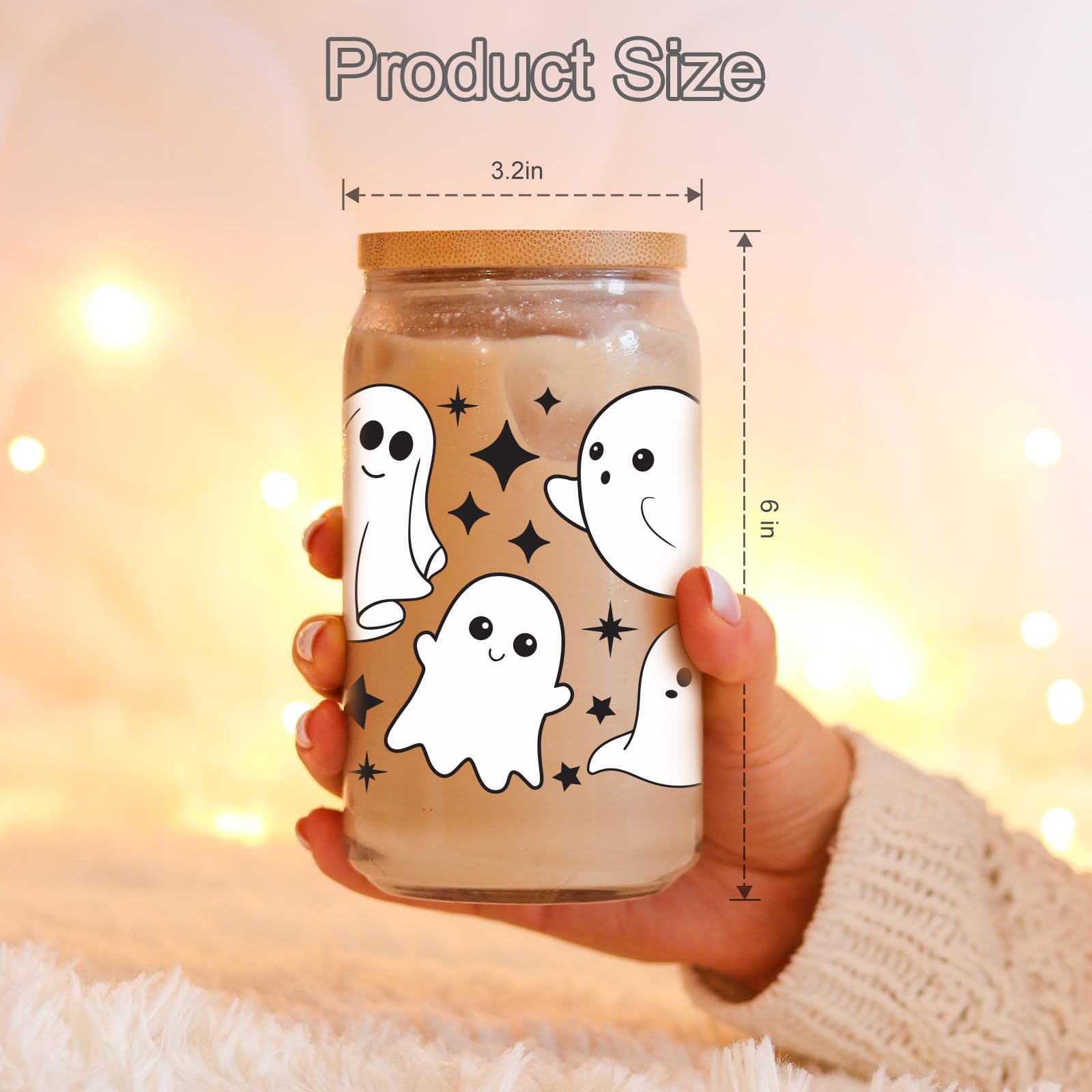 Coolife Ghost Halloween Cup, 16 oz Tumbler Glass Cups w/Lids Straws - Spooky Iced Coffee Cup, Smoothie Cup, Cute Halloween Gifts for Women, Girls, Spooky Gifts for Teens, Boys, Her