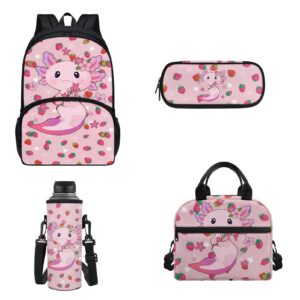 drydeepin pink strawberry axolotl cute print 4 pcs school set for girls backpack with portable lunch box pencil bag water bottle bag kids back to school gifts elementary school student book bag