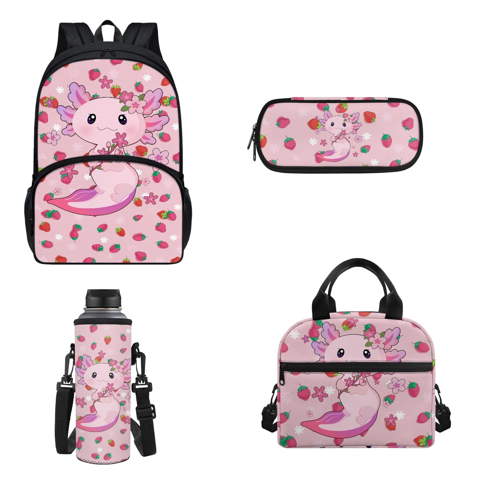 Drydeepin Pink Strawberry Axolotl Cute Print 4 Pcs School Set for Girls Backpack with Portable Lunch Box Pencil Bag Water Bottle Bag Kids Back to School Gifts Elementary School Student Book Bag