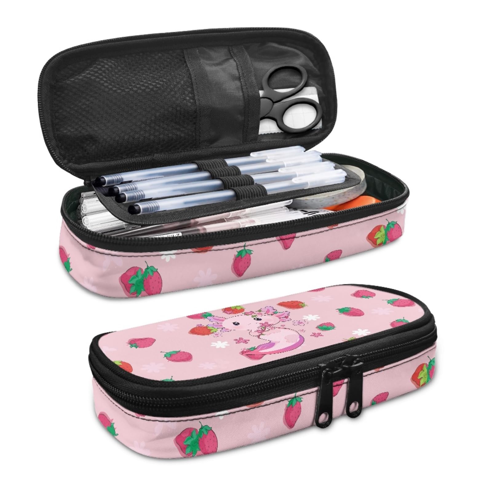 Drydeepin Pink Strawberry Axolotl Cute Print 4 Pcs School Set for Girls Backpack with Portable Lunch Box Pencil Bag Water Bottle Bag Kids Back to School Gifts Elementary School Student Book Bag