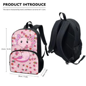 Drydeepin Pink Strawberry Axolotl Cute Print 4 Pcs School Set for Girls Backpack with Portable Lunch Box Pencil Bag Water Bottle Bag Kids Back to School Gifts Elementary School Student Book Bag