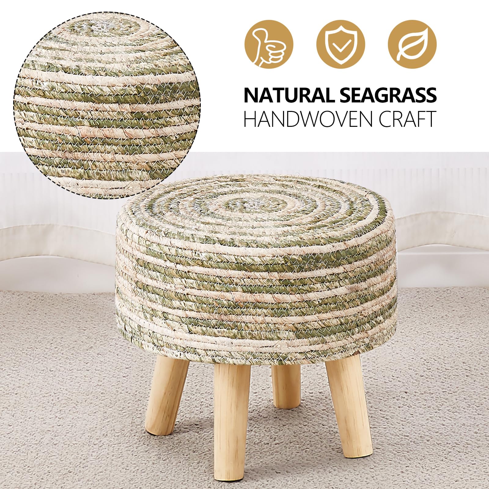 Cpintltr Round Ottoman Natural Seagrass Footstool Poufs Hand Weave Eco Friendly Sofa Foot Stool Soft Step Stool Boho Accent Padded Foot Rest with Pine Legs for Living Room Bedroom Mixed Green