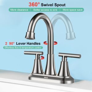 4 Inch Bathroom Faucets for Sink 3 Hole, Faucet for Bathroom Sink with Pop-up Drain & Supply Hoses, 2-Handle 360 Swivel Spout Stainless Steel Lead-Free, Centerset Faucet for Bathroom Vanity Lavatory