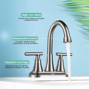 4 Inch Bathroom Faucets for Sink 3 Hole, Faucet for Bathroom Sink with Pop-up Drain & Supply Hoses, 2-Handle 360 Swivel Spout Stainless Steel Lead-Free, Centerset Faucet for Bathroom Vanity Lavatory