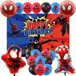 spider party supplies, spider birthday decorations including foil balloons, latex balloons and backdrop