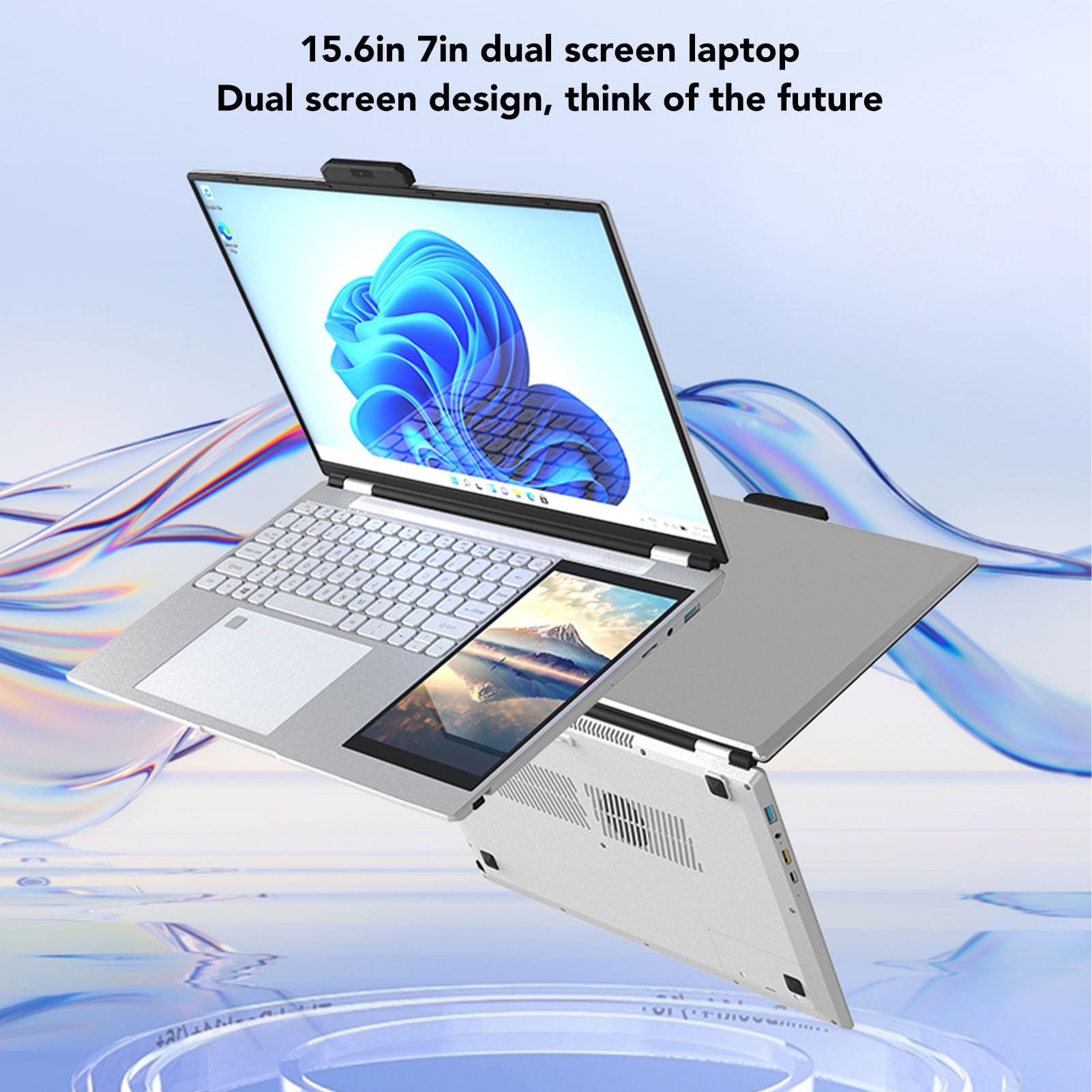 CCYLEZ 15.6in Double Screen Laptop, 1920x1080 16:9 Screen Fingerprint Recognition 180 Degree Opening HD Laptop with 7in IPS Screen Backlight Keyboard for Win 11 (16GB+256GB US Plug)