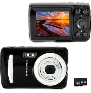 acuvar 16mp megapixel compact digital photo and video camera with 2.4" lcd screen, 32gb sd card, mic input and usb media transfer (black)