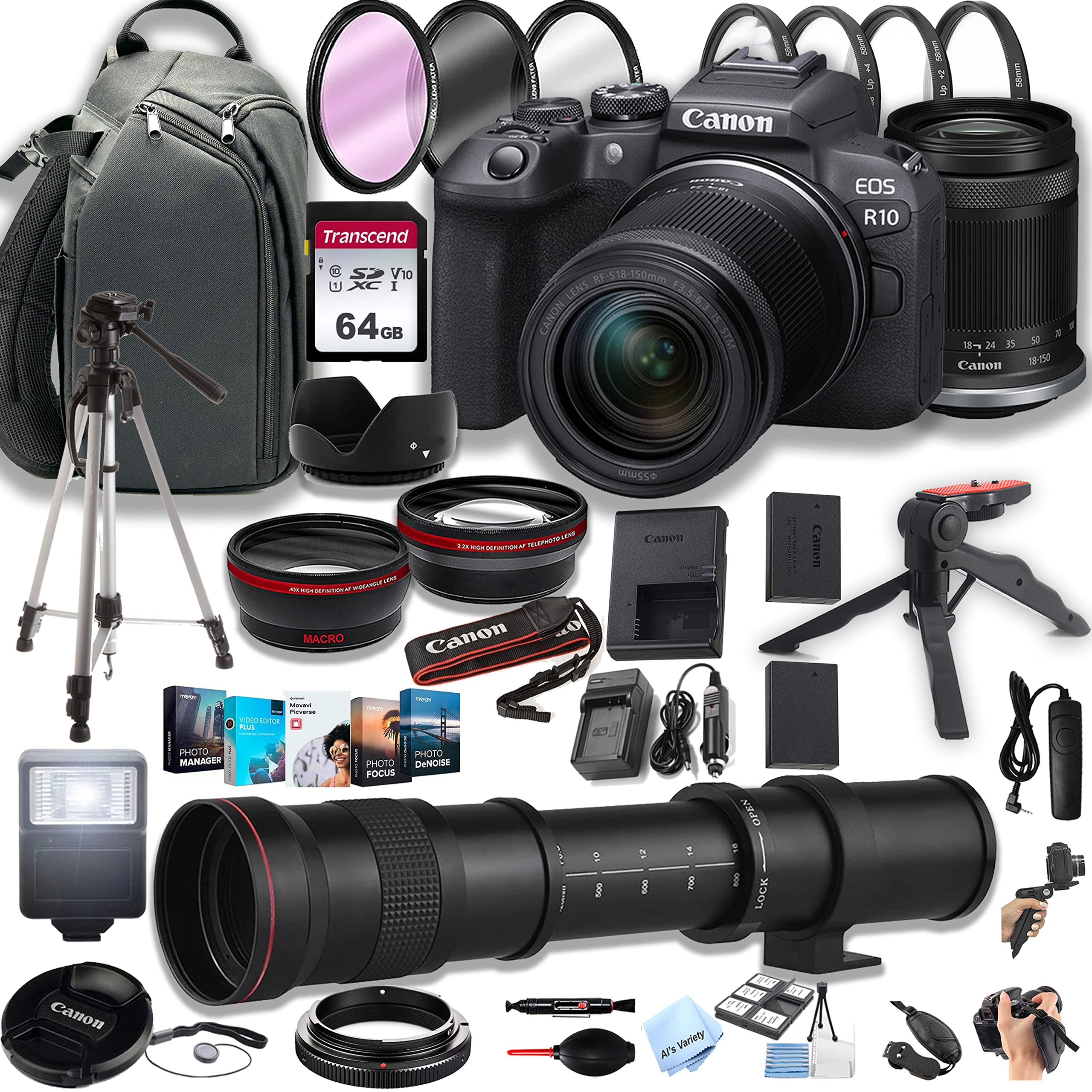 Canon EOS R10 Mirrorless Digital Camera with RF-S 18-150mm f/3.5-6.3 is STM Lens+ 420-800mm Super Telephoto Lens + 100S Sling Backpack + 64GB Memory Cards, Extreem Photo Bundle (42pc Bundle)