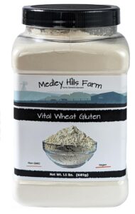vital wheat gluten by medley hills farm 1.5 lbs. in reusable container - high in protein - vegan - non gmo - keto friendly - make seitan - great vital wheat gluten for bread making
