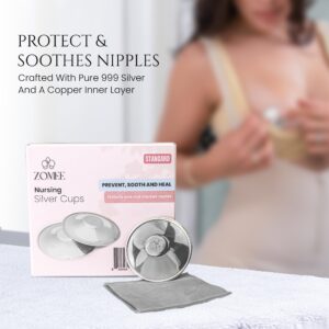 Zomee Original Silver Nursing Cups - Nipple Shields for Nursing Newborn - Breastfeeding Essentials - Tri-Laminate Silver Protect and Soothe - Nipple Covers - Made in Italy (Standard)