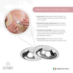 Zomee Original Silver Nursing Cups - Nipple Shields for Nursing Newborn - Breastfeeding Essentials - Tri-Laminate Silver Protect and Soothe - Nipple Covers - Made in Italy (Standard)