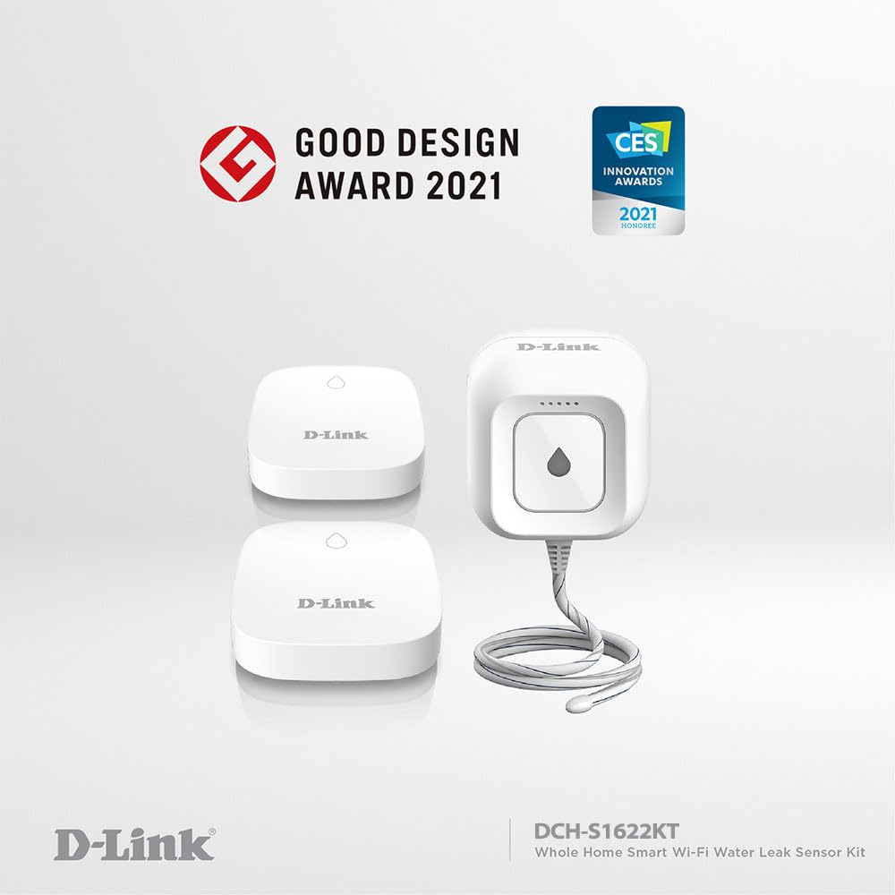 D-Link Wi-Fi Water Leak Sensor and Alarm Starter Kit w/ 2 Add-on Units, Whole Home System with App Notification, AC Powered, No Hub Required (DCH-S1622KT),White