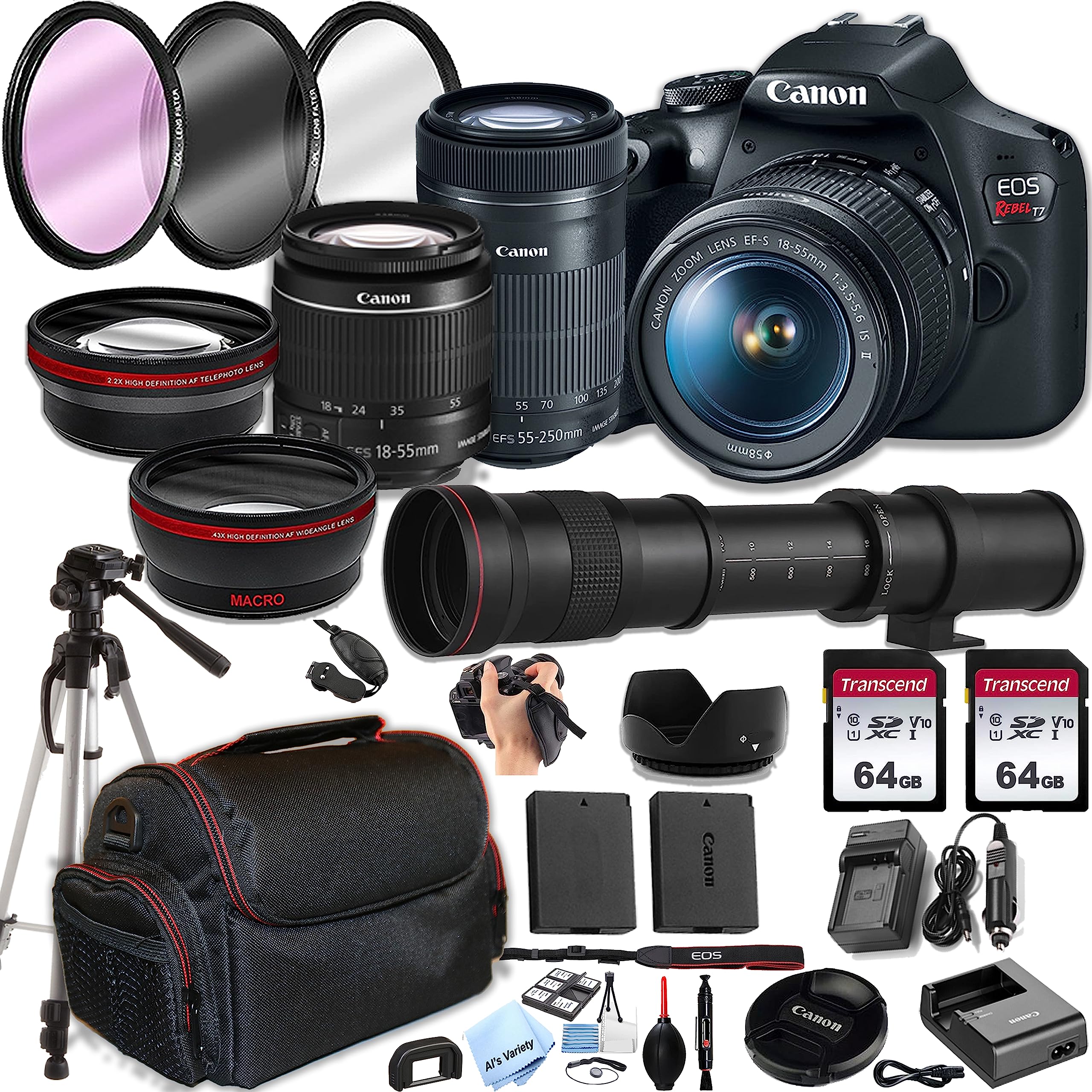 Canon EOS Rebel T7 DSLR Camera w/EF-S 18-55mm F/3.5-5.6 Zoom Lens + 55-250mm f/4-5.6 is STM Lens +420-800mm Super Telephoto Lens + 128GB Memory,Case- Professional Photo Accesory Bundle