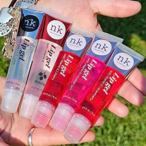 5 pack variety set of nicka k lip gels with viatmin e - clear, rosehip, strawberry, cherry, and bubble gum hydrating lip glosses