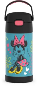 thermos funtainer water bottle with straw - 12 ounce, minnie mouse - kids stainless steel vacuum insulated water bottle with lid