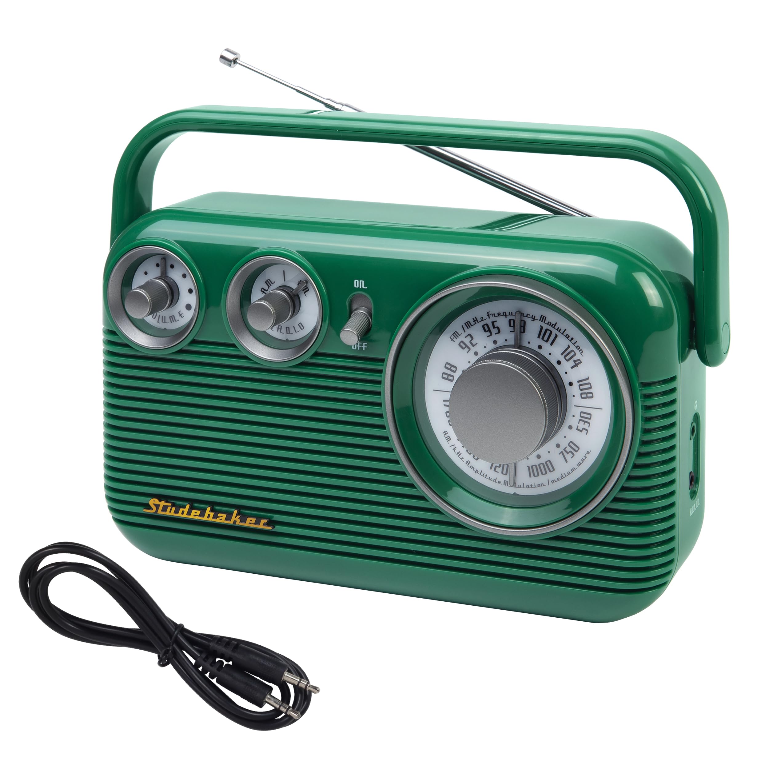 Studebaker SB2003 Retro Portable AM FM Radio | Built in Speaker | AC Powered/Battery | Aux-in Cable (Bundle) (Green)