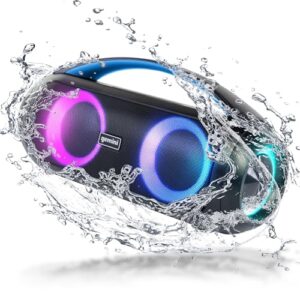 gemini sound ggo-230l 50w bluetooth speaker boombox: portable wireless ipx5 waterproof speaker with fm radio, led party lighting, power bank, and long-lasting rechargeable battery