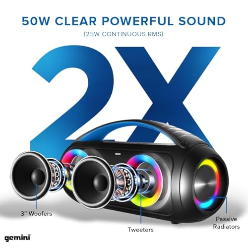 Gemini Sound GGO-230L 50W Bluetooth Speaker Boombox: Portable Wireless IPX5 Waterproof Speaker with FM Radio, LED Party Lighting, Power Bank, and Long-Lasting Rechargeable Battery