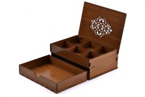 reynoon jewelry box organizer - wood (hard mdf) jewelry holder, 2 layer, 6 compartment, 1 drawer stackable design, wooden jewelry box gift, storage case for rings, earrings, necklaces, bracelets