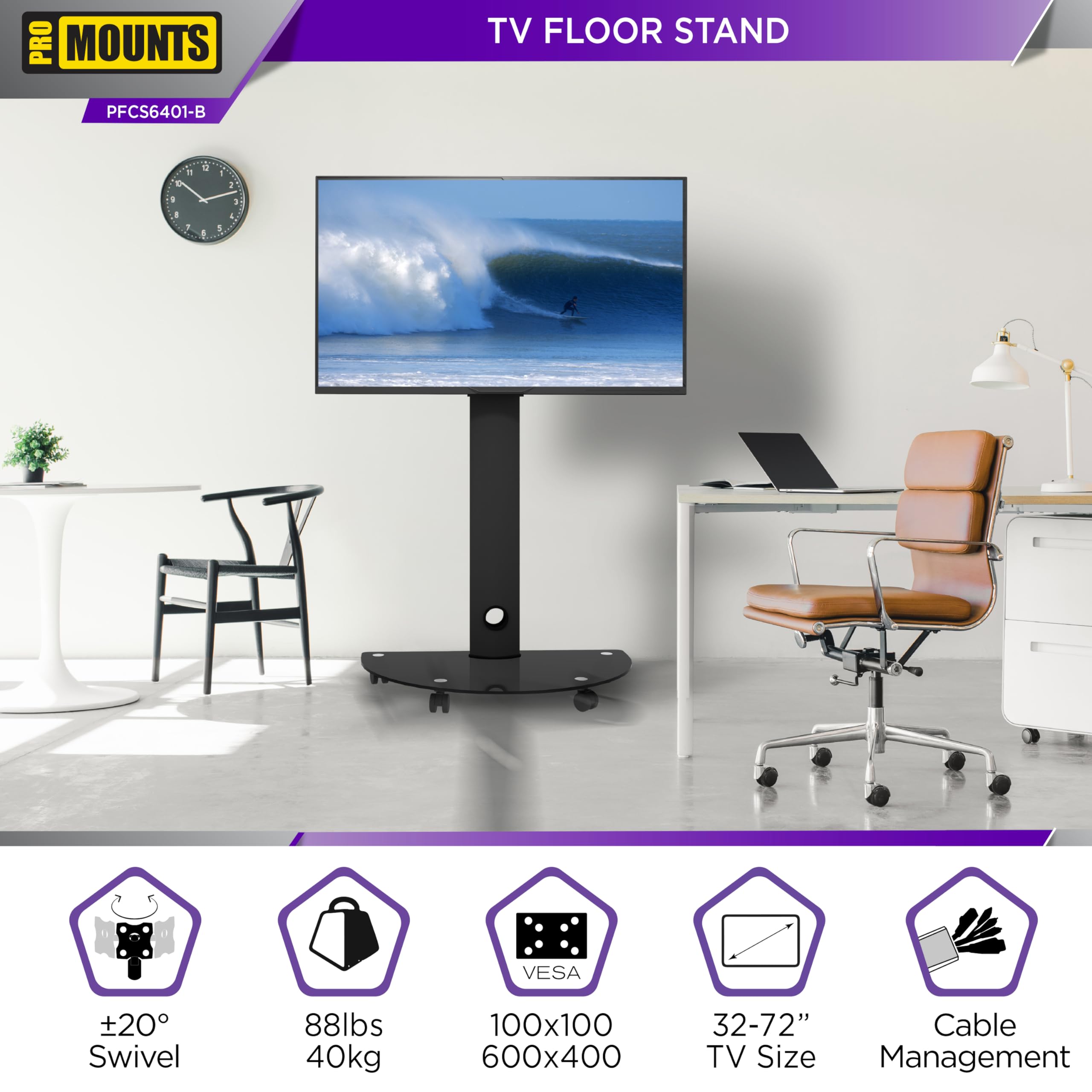 ProMounts Mobile TV Stand for 32" to 72" LCD LED Flat/Curved Panel TVs, ± 20° Swivel TV Cart Holds Up to 88lbs, Portable TV Stand with Max Vesa 600x400mm, TV Rolling Stand for Office/Home (Black)