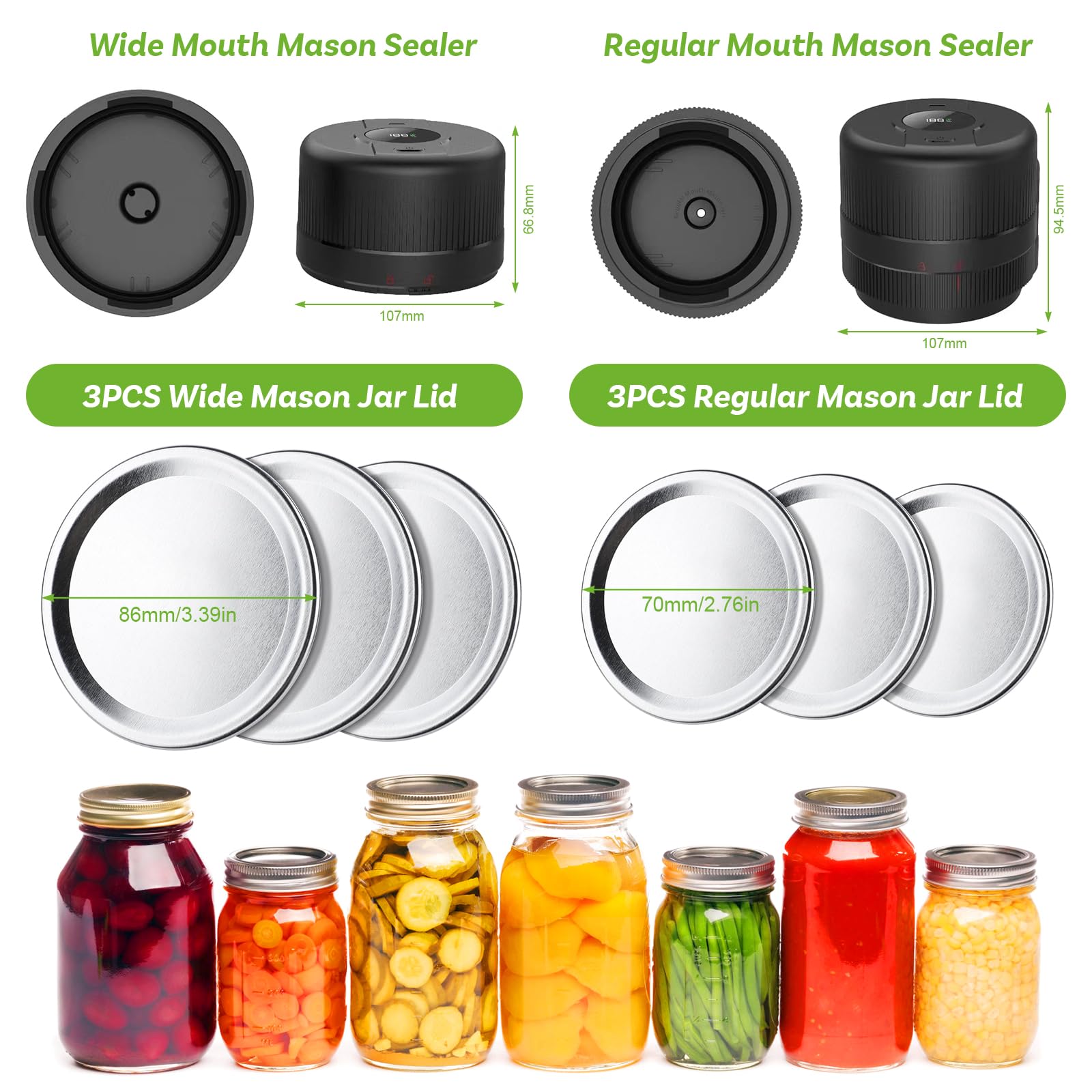 Mason Jar Vacuum Sealer Kit - Electric Sealer for Wide and Regular Mouth Mason Jars, Canning and Food Storage Solution