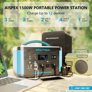 Portable Power Station 1408Wh, AISPEX Solar Generator with Jumper Starter, 110V/1500W Pure Sine Wave AC Outlet, PD 100W, Lifepo4 Battery Power Stations for Home Backup RV/VAN Camping Travel Emergency