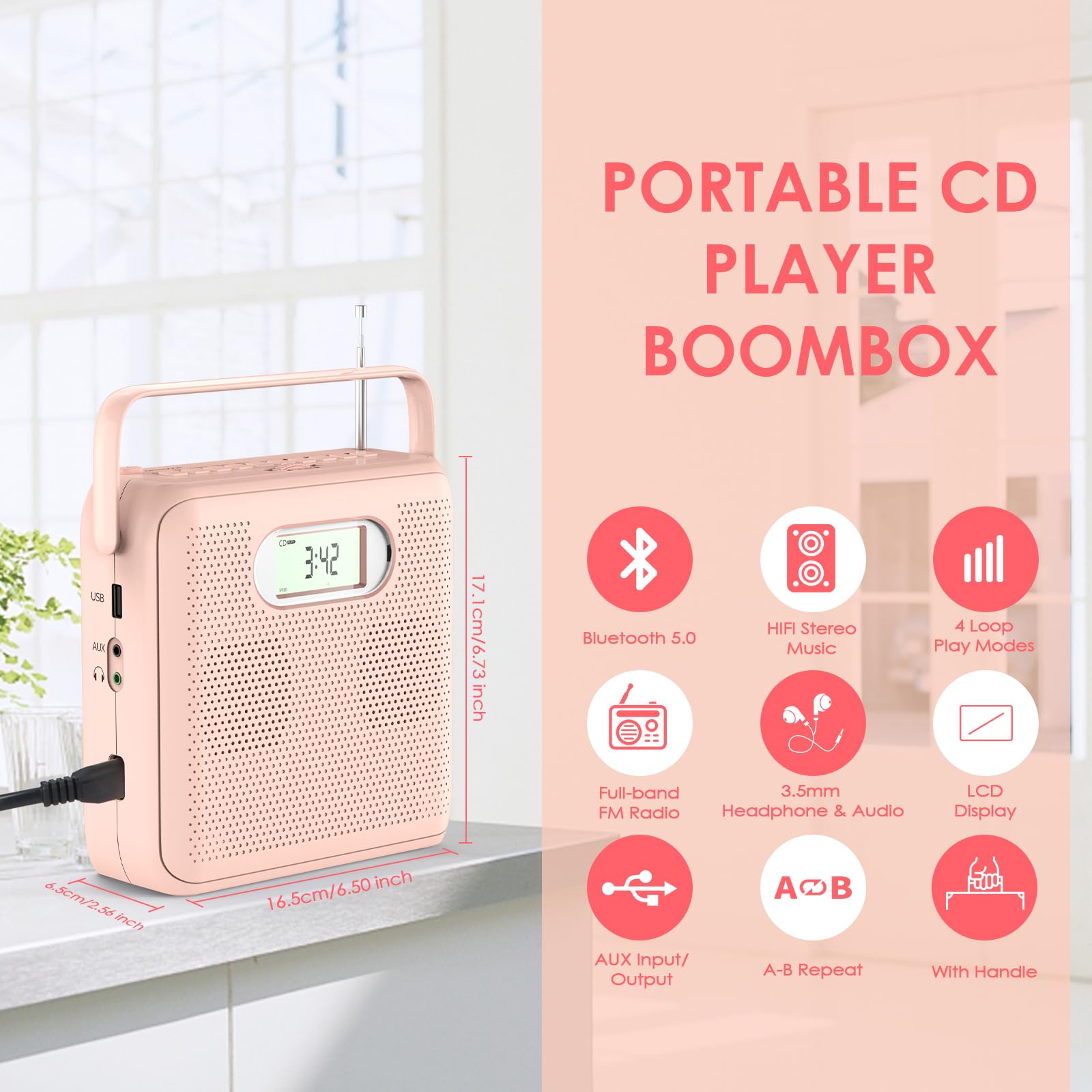 Gueray Portable CD Player, Bluetooth CD Player with Speakers Handle Design, CD Boombox for Home FM Radio CD Player with LCD Display for Kids Support USB AUX Playback Headphone Jack