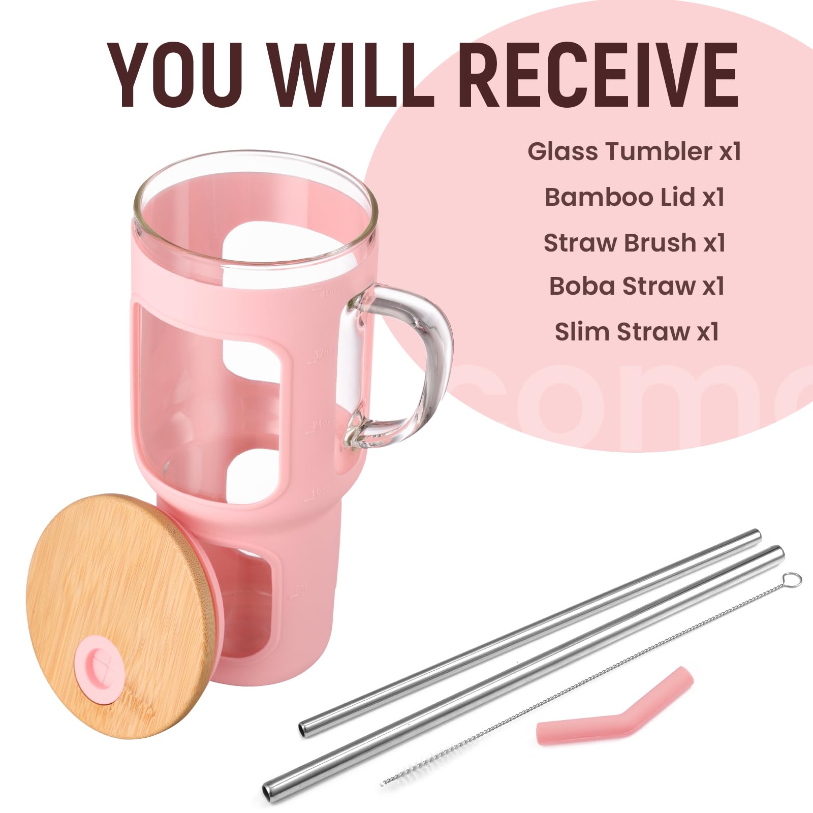 COMOOO 40oz Glass Tumbler with Bamboo Lid and Straw, Glass Water Cup with Handle, Iced Coffee Drinking Cup with Silicone Sleeve, Glass Water Bottle Dishwasher Safe, Cup Holder Friendly, Pink