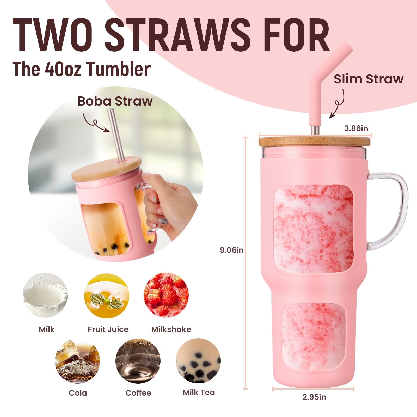 COMOOO 40oz Glass Tumbler with Bamboo Lid and Straw, Glass Water Cup with Handle, Iced Coffee Drinking Cup with Silicone Sleeve, Glass Water Bottle Dishwasher Safe, Cup Holder Friendly, Pink