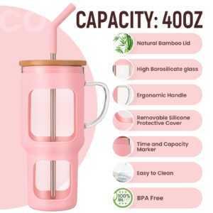 COMOOO 40oz Glass Tumbler with Bamboo Lid and Straw, Glass Water Cup with Handle, Iced Coffee Drinking Cup with Silicone Sleeve, Glass Water Bottle Dishwasher Safe, Cup Holder Friendly, Pink