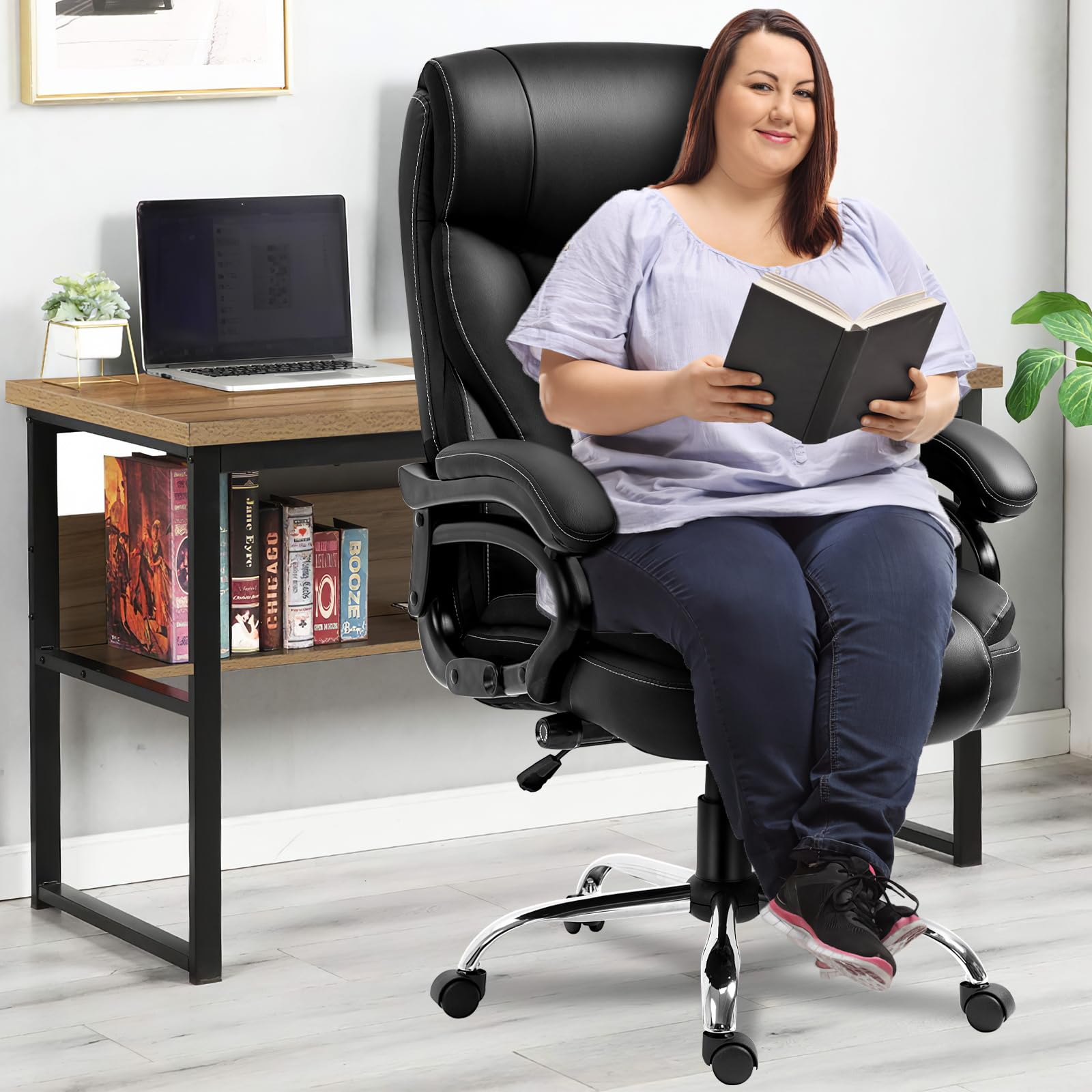 Big and Tall 350lbs Office Chair - Adjustable Lumbar Support, Cushion with Spring High Back Executive Desk Chairs Ergonomic Design for Back Pain (Black)