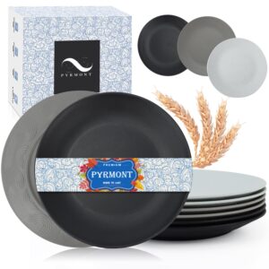 pyrmont 9-inch plastic plates reusable plastic plates camping plates of 6 lightweight wheat straw plates dishes plates set salad plates dinner plates dishwasher & microwave safe, bpa free