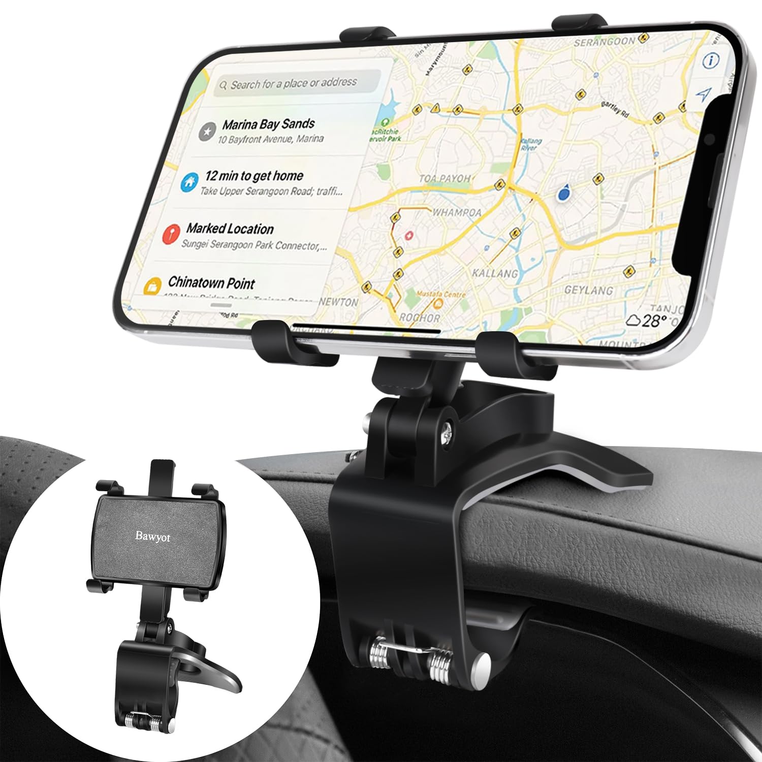 Bawyot Car Phone Holder for Dashboard 360 Degree Rotation Multifunctional One Hand Operation Clip Design Phone Mount Compatible with 4-7 inch Smartphones