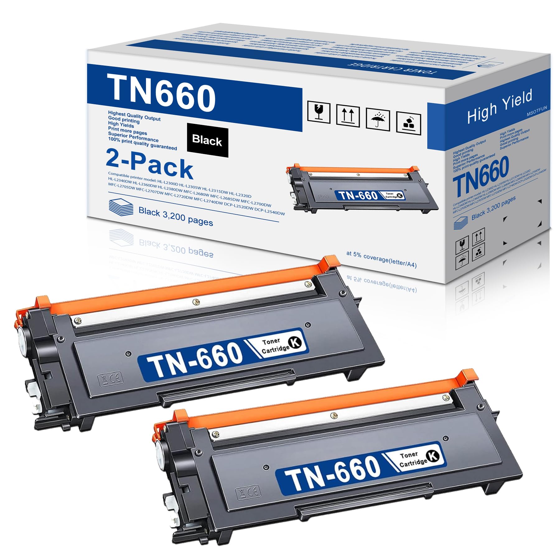 TN6602PK Replacement for Brother High-Yield TN 660 TN-660 Black Toner Cartridge HL-L2300D HL-L2305W HL-L2320D MFC-L2740DW DCP-L2540DW Printer