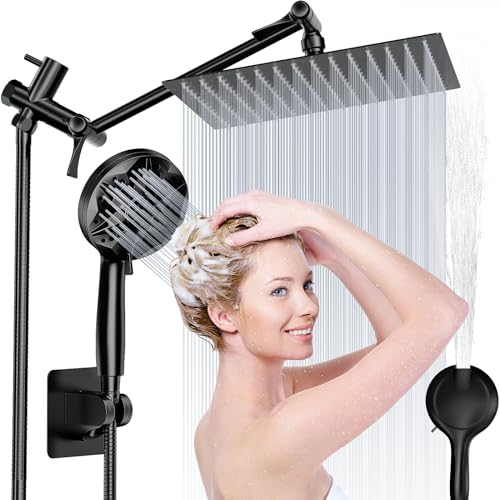 Shower Heads with Handheld Spray Combo, 10" Rain High Pressure Shower Head with 11" Extension Arm, 10 Modes Detachable Shower Built-in Power Wash with 59" Hose, Height & Angle Adjustable, Matte Black