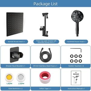 Shower Heads with Handheld Spray Combo, 10" Rain High Pressure Shower Head with 11" Extension Arm, 10 Modes Detachable Shower Built-in Power Wash with 59" Hose, Height & Angle Adjustable, Matte Black