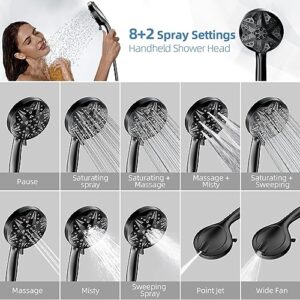 Shower Heads with Handheld Spray Combo, 10" Rain High Pressure Shower Head with 11" Extension Arm, 10 Modes Detachable Shower Built-in Power Wash with 59" Hose, Height & Angle Adjustable, Matte Black