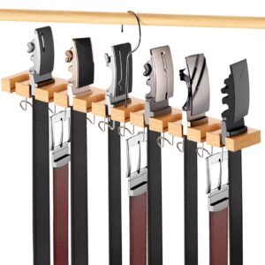 cuipingoo belt hanger for closet | 2-in-1 wall mount belt rack | 23 slots storage max 42 belts w/ 360° hook | ratchet belt organizer for closet accessories, wardrobe, door, wood 1 pack