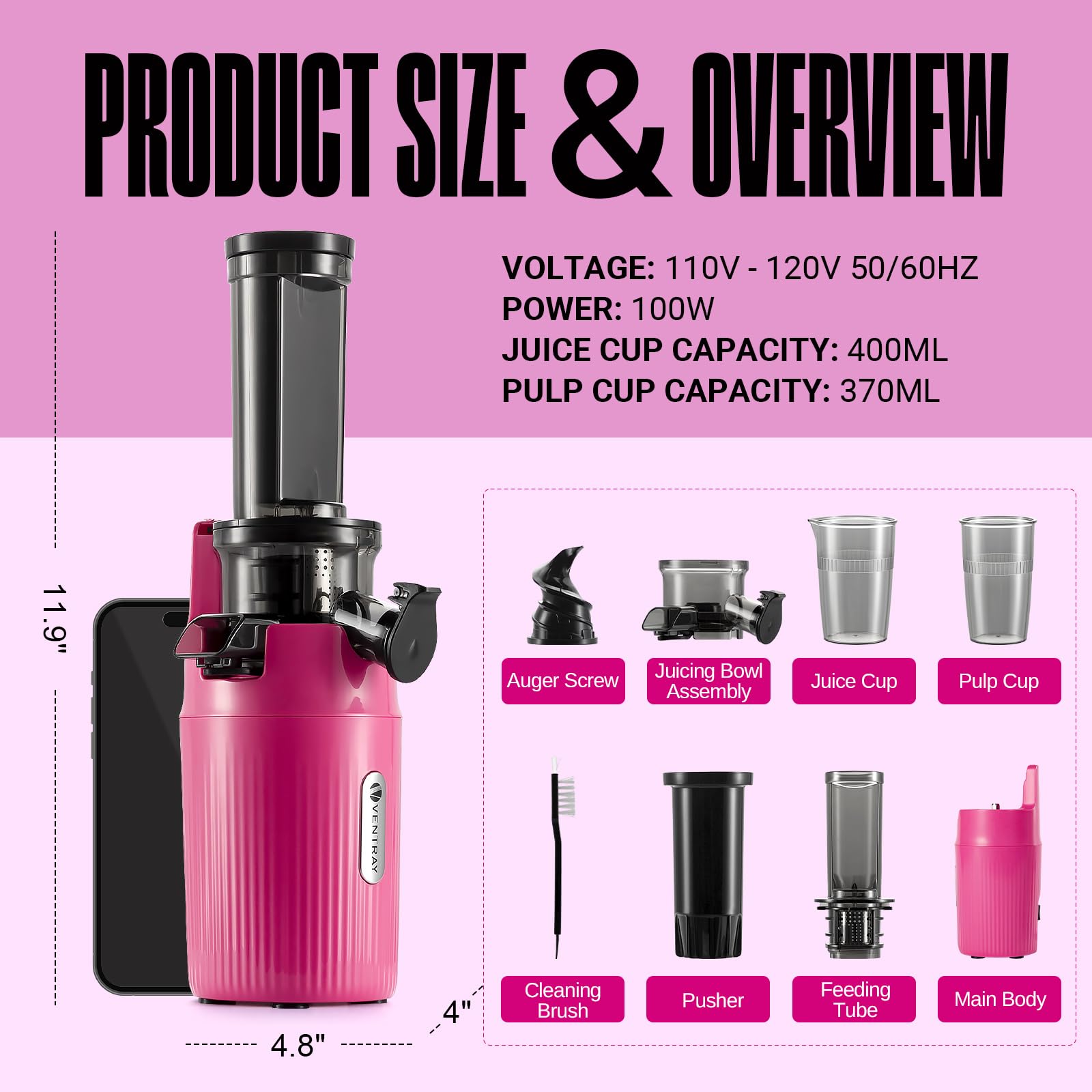 Ventray Ginnie Juicer, Compact Small Cold Press Juicer, Slow Masticating Juicer with 60RPM Low Speed,Space-Saving Juice Extractor, Easy to Clean, Nutrient Vitamin Dense, Eco-Friendly Packaging- Pink