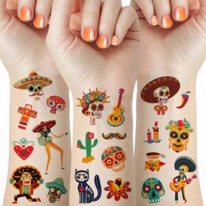 65 pieces mexican day of the dead temporary tattoos for kids, sugar skull guitar floral skeleton cactus tattoo stickers for halloween decorations dia de los festival carnival party favor supplies