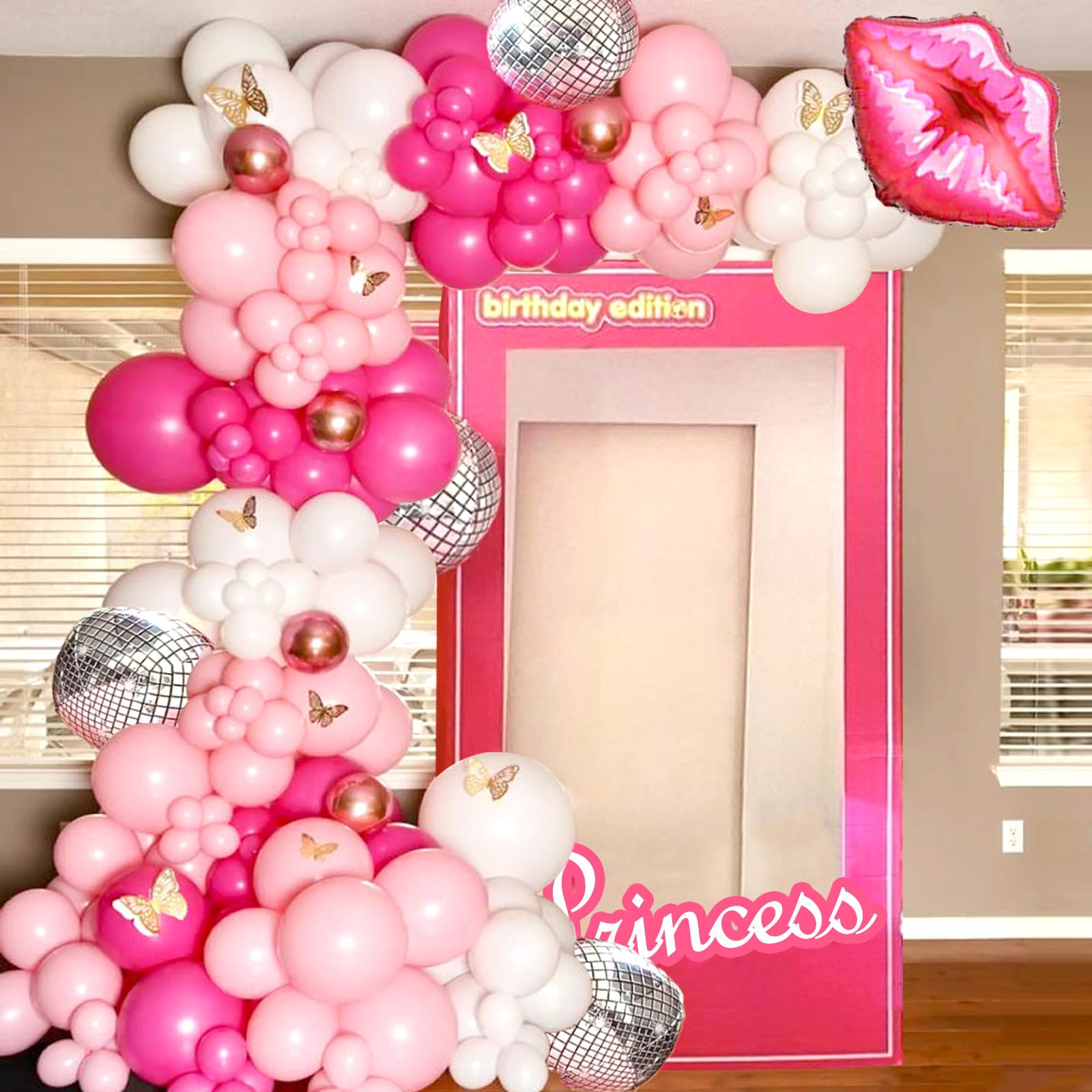 Dumilla Pink Balloon Garland Arch Kit, 134PCS Hot Pink Light Pink Rose Gold White Balloons with Silver Disco Ball Balloon for Girls Women Birthday Princess Theme Bridal Shower Baby Shower Decorations