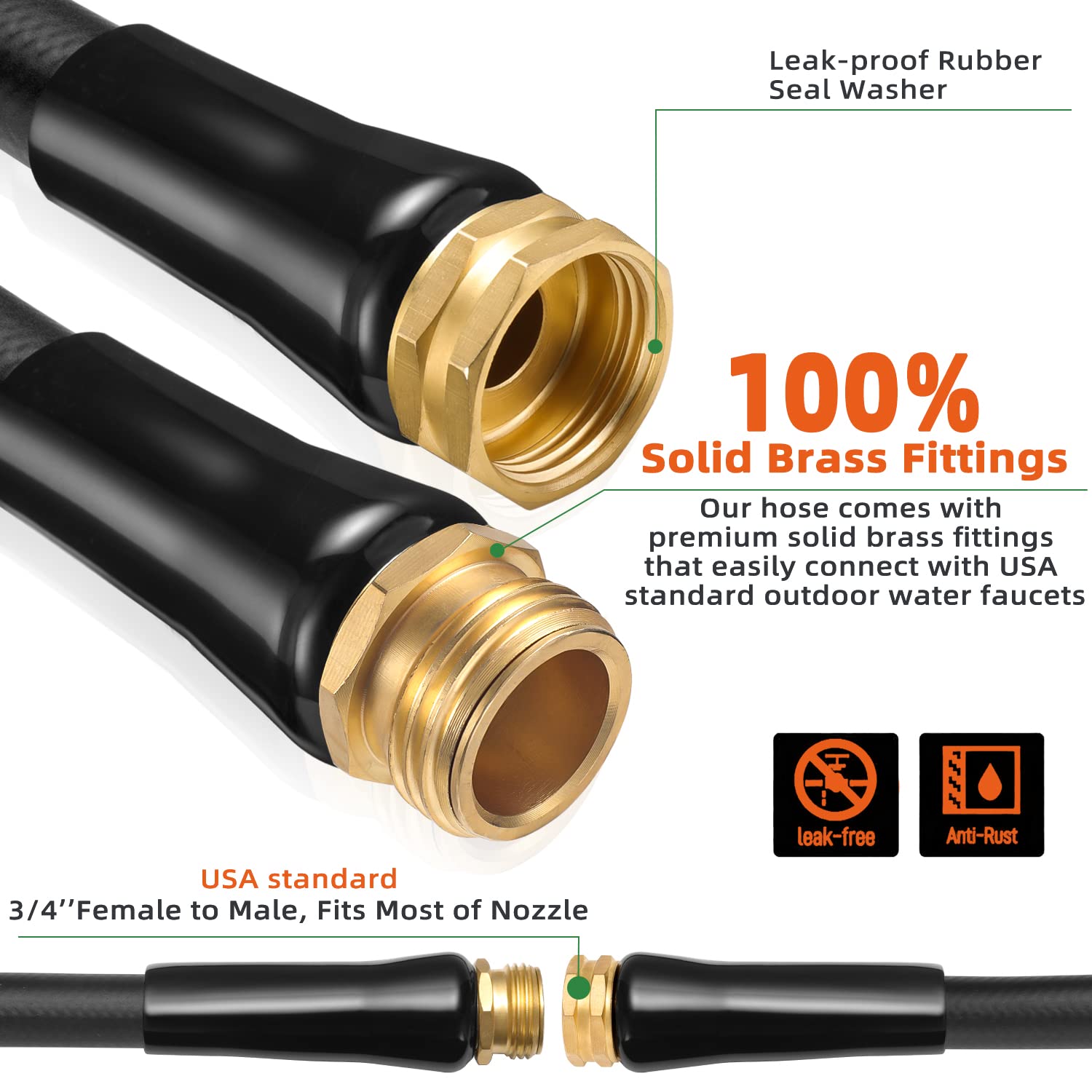 50 ft Hybrid Garden Hose – No Kink,Heavy Duty,Flexible,Leakproof Water Hoses – Lightweigh 5/8 in ID,3/4"Solid Brass Connectors - Rubber Car Hoses Pipe for outdoor Watering& Washing,600 Burst PSI