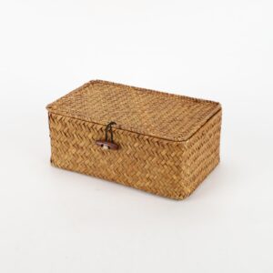 yrhome seagrass rattan basket storage with lid, natural hand-woven rectangular household basket bins for organizer boxes shelf desk (original 10.2’’d x 6.7’’w x 4.3’’h)