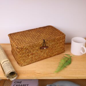 YRHOME Seagrass Rattan Basket Storage with Lid, Natural Hand-woven Rectangular Household Basket Bins for Organizer Boxes Shelf Desk (Original 10.2’’D X 6.7’’W X 4.3’’H)
